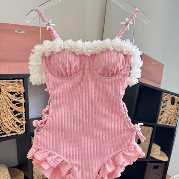 Miu Miu Pink Ruffle One-Piece Swimsuit with Floral Trim - Picture 9 of 10